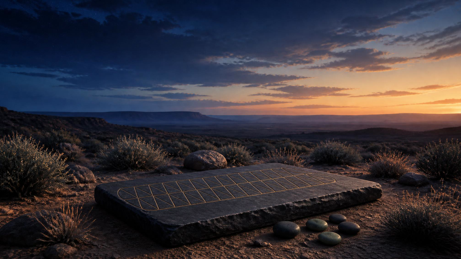 A carved lattice board on a stone slab in a desert landscape at dusk. Game artwork.